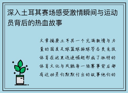 深入土耳其赛场感受激情瞬间与运动员背后的热血故事