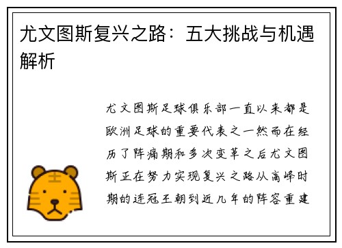 尤文图斯复兴之路：五大挑战与机遇解析